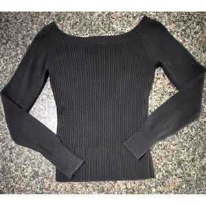 Guess Jeans Womens Black Pointelle Cable Knit Off Shoulder Cotton Sweater M